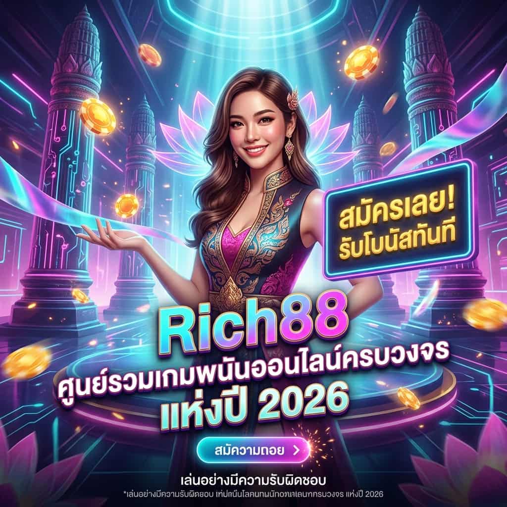 สาวเอเชียเป็นพิธีกรในฉากแฟนตาซีสไตล์ไซเบอร์-ไทย ยืนบนแท่นลอยท่ามกลางปรางค์โบราณผสมฮอลโลแกรม ข้อความใหญ่เป็นไทย "Rich88 ศูนย์รวมเกมพนันออนไลน์ครบวงจร แห่งปี 2026" พร้อมปุ่ม "สมัครเลย! รับโบนัสทันที" ภาพสีสันสดใส ดึงดูดสายตา สำหรับโฆษณาเกมพนันออนไลน์และการสมัครสมาชิก