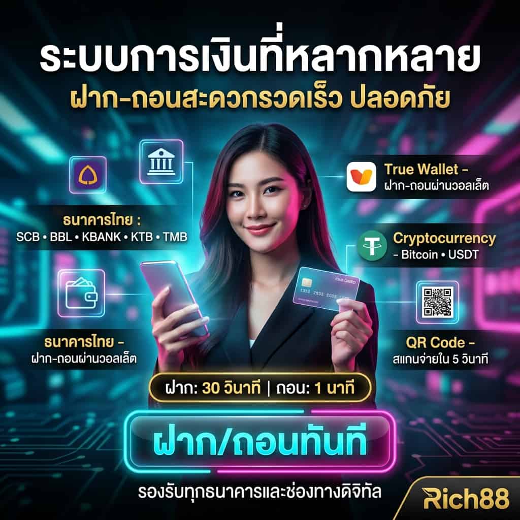 Neon finance square image with an Asian female presenter and Thai headlines about Rich88 payment channels: ระบบการเงินที่หลากหลาย, ฝาก-ถอนสะดวกรวดเร็ว ปลอดภัย; callouts: ธนาคารไทย SCB, BBL, KBANK, KTB, TMB; True Wallet; Cryptocurrency Bitcoin & USDT; QR Code สแกนจ่ายใน 5 วินาที; processing times: ฝาก 30 วินาที ขั้นต่ำ 100 บาท, ถอน 1 นาที ขั้นต่ำ 100 บาท — keywords: ฝากถอน, ระบบการเงิน, True Wallet, Bitcoin, USDT, QR Code, ธนาคารไทย, Rich88, ดาวน์โหลด, เข้าเล่น.
