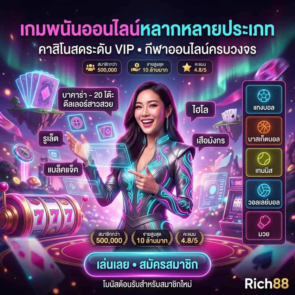 Vibrant neon casino fantasy square image with an Asian female presenter and Thai headlines about Rich88 offerings: คาสิโนสด ระดับ VIP, บาคาร่า 20 โต๊ะ, รูเล็ต ยุโรป/อเมริกัน, แบล็คแจ็ค เดิมพันขั้นต่ำ 10 บาท, ไฮโล, เสือมังกร, แทงบอล, บาสเก็ตบอล, เทนนิส, วอลเลย์บอล, มวย — keywords: คาสิโนสด, บาคาร่า, สล็อต, แทงบอล, Rich88, คาสิโนออนไลน์, สล็อตออนไลน์, กีฬาออนไลน์, สมัครสมาชิก.