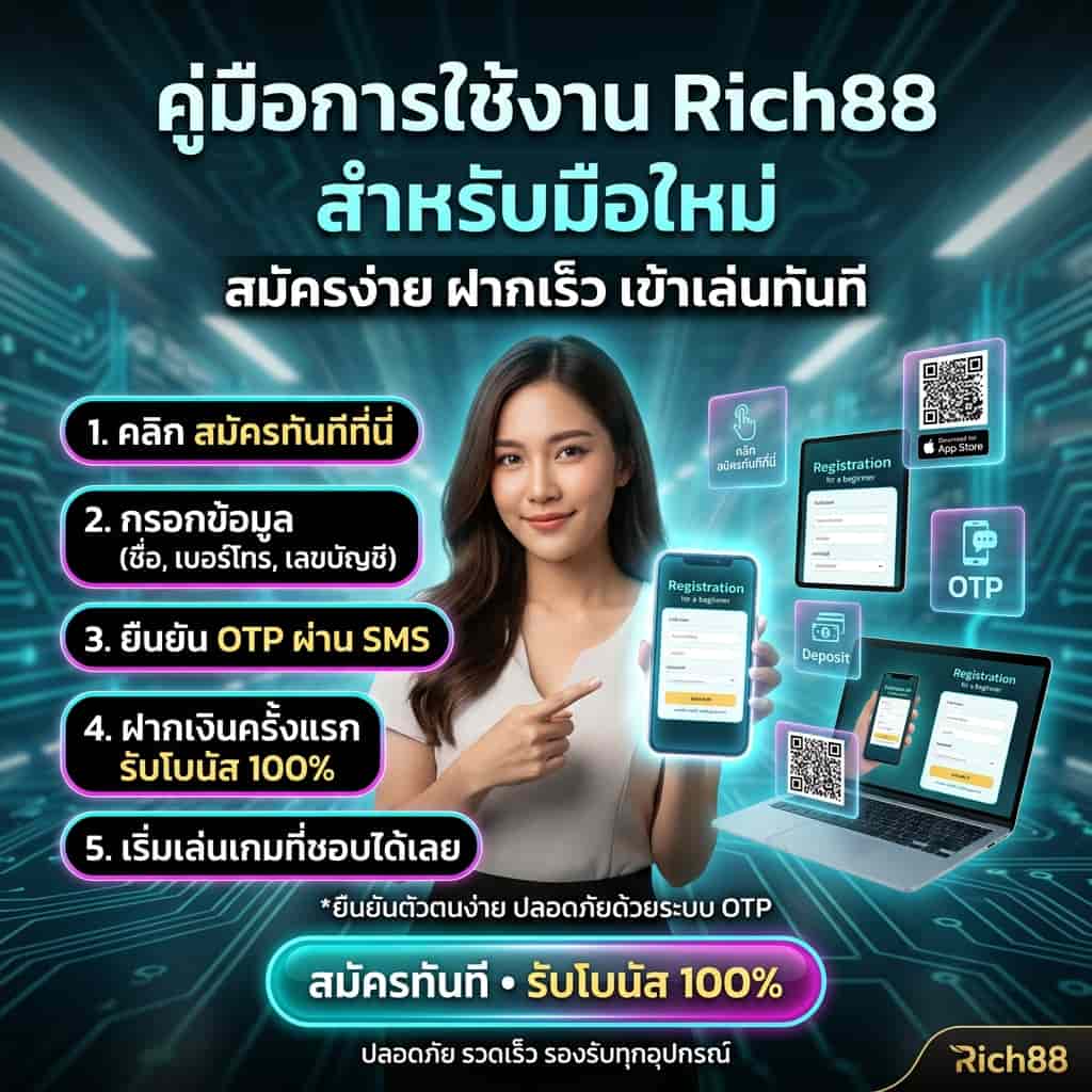 ภาพสี่เหลี่ยมจตุรัสสไตล์ Neon แสดงผู้พรีเซนเตอร์หญิงเอเชียถือสมาร์ทโฟนพร้อมหน้าจอฟอร์มสมัครสมาชิก Rich88 และไอคอนขั้นตอนการสมัคร: "คลิก สมัครทันที", "กรอกข้อมูล (ชื่อ, เบอร์โทร, เลขบัญชี)", "ยืนยัน OTP ผ่าน SMS", "ฝากเงินครั้งแรก รับโบนัส 100%", "เริ่มเล่นเกม"; มี QR code สำหรับดาวน์โหลดและโลโก้ Rich88 มุมล่างขวา — คีย์เวิร์ด: สมัครสมาชิก, OTP, โบนัส 100%, ฝากเงิน, ดาวน์โหลด, Rich88, คู่มือสำหรับมือใหม่.